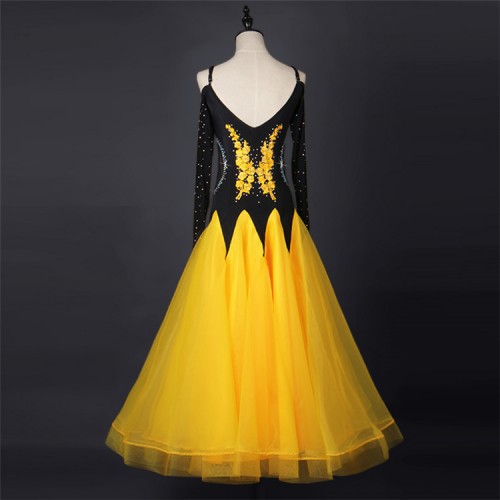Gold yellow black stones women's competition dew shoulder long sleeves performance stage long length full skirted ballroom dresses